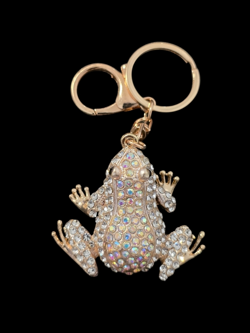 Crystal Frog Bag Charm Keychain - Goldtone with Iridescent Rhinestones